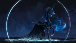Size: 1920x1080 | Tagged: safe, artist:plainoasis, nightmare moon, alicorn, pony, g4, beautiful, clothes, digital art, dress, ethereal mane, female, flowing mane, folded wings, hair bun, hoof shoes, jewelry, lidded eyes, looking at you, mare, night, raised hoof, regalia, shoes, side view, smiling, smiling at you, solo, starry mane, teal eyes, wings