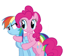 Size: 705x611 | Tagged: safe, edit, edited screencap, screencap, pinkie pie, rainbow dash, earth pony, pegasus, pony, g4, background removed, bad edit, female, hoof around neck, hug, lesbian, mare, not a vector, ship:pinkiedash, shipping, simple background, transparent background