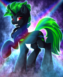 Size: 3681x4444 | Tagged: safe, artist:airiniblock, oc, oc only, pony, unicorn, rcf community, absurd resolution, chest fluff, commission, handsome, headphones, looking at you, male, raised hoof, red eyes, solo
