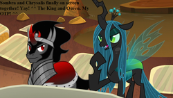 Size: 1280x720 | Tagged: safe, artist:nukarulesthehouse1, edit, edited screencap, screencap, king sombra, queen chrysalis, changeling, changeling queen, pony, g4, the beginning of the end, armor, caption, changeling horn, crown, curved horn, female, green eyes, horn, male, red cape, red eyes, red horn, ship:chrysombra, shipping, straight, wings