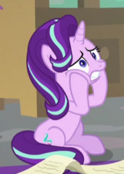 Size: 224x315 | Tagged: safe, screencap, starlight glimmer, pony, unicorn, g4, the beginning of the end, cropped, female, mare, nervous, scared, sitting, solo