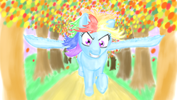 Size: 1920x1080 | Tagged: safe, artist:runbowdash, rainbow dash, pegasus, pony, g4, female, grin, leaves, mare, running, smiling, solo, tree, whitetail woods