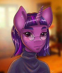Size: 3281x3813 | Tagged: safe, artist:pitchyy, twilight sparkle, anthro, g4, clothes, female, glasses, high res, mare, solo, sweater, turtleneck