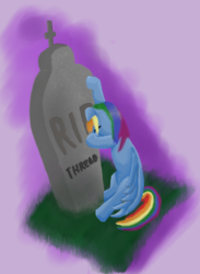 Size: 1000x1363 | Tagged: safe, artist:runbowdash, rainbow dash, pegasus, pony, g4, crying, female, grave, gravestone, implied death, mare, mourning, solo