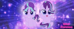 Size: 1020x400 | Tagged: safe, artist:spellboundcanvas, starlight glimmer, pony, unicorn, g4, banner, chibi, cute, duality, evil grin, female, glimmerbetes, grin, happy, logo, mare, mlpforums, open mouth, s5 starlight, self ponidox, smiling