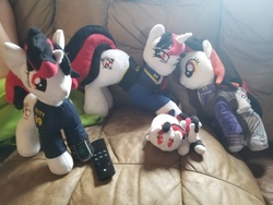 Size: 4032x3024 | Tagged: safe, artist:burgunzik, artist:emberfallplush, artist:halley-valentine, artist:valmiiki, derpibooru exclusive, oc, oc:blackjack, pony, unicorn, fallout equestria, fallout equestria: project horizons, fanfic art, female, irl, mare, photo, plushie, remote, tsum tsum