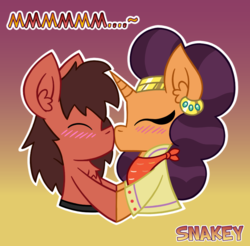 Size: 780x768 | Tagged: safe, artist:snakeythingy, saffron masala, oc, oc:sketchy dupe, pony, g4, blushing, boop, duo, dupala, gradient background, holding hooves, kissing, noseboop, sketchffron