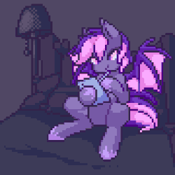 Size: 540x540 | Tagged: safe, artist:stockingshot56, oc, oc only, oc:midnight mist, bat pony, pony, animated, bat pony oc, bed, dexterous hooves, loop, pixel art, solo, spread wings, wings, writing
