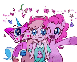 Size: 540x439 | Tagged: dead source, safe, artist:foresart, pinkie pie, butterfly, earth pony, pony, g4, :3, cheek fluff, cheek squish, cheek to cheek, crossover, female, happy, heart, lego, music notes, one eye closed, open mouth, simple background, smiling, sparkles, squishy cheeks, star butterfly, star vs the forces of evil, starry eyes, stars, the lego movie, trio, unikitty, unikitty!, wavy mouth, white background, wingding eyes
