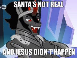 Size: 1280x960 | Tagged: safe, edit, edited screencap, screencap, king sombra, pony, g4, the beginning of the end, blasphemy, buzzkill, caption, image macro, jesus christ, male, meme, quote, santa claus, sitting, smug, solo, stupid sexy sombra, text, vinesauce, wario