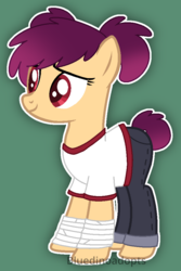 Size: 636x953 | Tagged: safe, artist:bluedinoadopts, oc, oc only, oc:ground pound, earth pony, pony, clothes, female, green background, jeans, leg wraps, mare, pants, pigtails, shirt, simple background, solo, t-shirt, tape