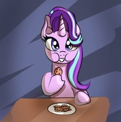 Size: 881x884 | Tagged: safe, artist:platinumdrop, starlight glimmer, pony, unicorn, g4, cookie, cute, eating, female, food, glimmerbetes, happy, looking at you, mare, puffy cheeks, reformed starlight, smiling, solo