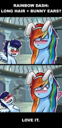 Size: 933x1920 | Tagged: safe, artist:sapphireartemis, rainbow dash, soarin', pegasus, pony, g4, alternate hairstyle, blood, blushing, bunny ears, comic, female, male, nosebleed, ship:soarindash, shipping, straight