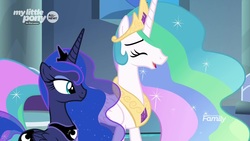 Size: 1920x1080 | Tagged: safe, screencap, princess celestia, princess luna, alicorn, pony, g4, the beginning of the end, duo, ethereal mane, eyes closed, female, laughing, mare, royal sisters, sisters, starry mane
