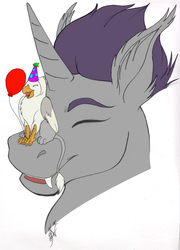 Size: 890x1234 | Tagged: safe, artist:blackfrost, artist:tinibirb, color edit, edit, oc, oc only, oc:der, oc:verlo streams, bat pony, griffon, unicorn, balloon, colored, duo, eyes closed, hat, male, micro, party hat, simple background, sketch, traditional art