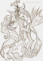 Size: 1617x2285 | Tagged: safe, artist:rossmaniteanzu, king sombra, queen chrysalis, changeling, changeling queen, pony, unicorn, g4, the beginning of the end, crown, female, jewelry, male, monochrome, pencil drawing, regalia, ship:chrysombra, shipping, straight, traditional art, unholy matrimony
