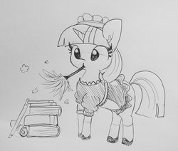 Size: 1627x1379 | Tagged: safe, artist:tjpones, twilight sparkle, pony, g4, book, clothes, cute, dress, duster, female, french maid, lineart, maid, maid headdress, mary janes, monochrome, mouth hold, shoes, sketch, skirt, socks, solo, traditional art, twiabetes