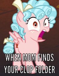 Size: 531x682 | Tagged: safe, edit, edited screencap, screencap, cozy glow, pegasus, pony, g4, the beginning of the end, caption, cropped, female, filly, gasp, image macro, implied clop, solo, text