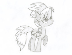 Size: 2561x1968 | Tagged: safe, artist:sandyfortune, cloudchaser, pegasus, pony, g4, female, mare, monochrome, pencil drawing, raised hoof, simple background, sketch, smiling, solo, traditional art, white background