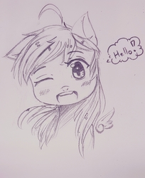 Size: 1947x2390 | Tagged: safe, artist:bubbletea, derpy hooves, pony, g4, anime style, bust, cute, derp, doodle, greeting, hello, lineart, one eye closed, sketch, solo, wink