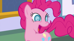 Size: 1920x1079 | Tagged: safe, screencap, pinkie pie, earth pony, pony, g4, the beginning of the end, cute, cutie mark, diapinkes, dizzy, female, mare, open mouth, pinkie being pinkie, running, solo, swirly eyes