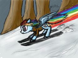 Size: 2000x1500 | Tagged: safe, artist:sandyfortune, rainbow dash, pegasus, pony, g4, female, mare, rainbow trail, skiing, solo