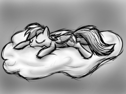 Size: 2000x1500 | Tagged: safe, artist:sandyfortune, rainbow dash, pegasus, pony, g4, cloud, eyes closed, female, lying down, mare, monochrome, sleeping, solo