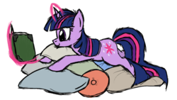 Size: 2000x1125 | Tagged: safe, artist:sandyfortune, twilight sparkle, pony, unicorn, g4, book, female, levitation, lying down, magic, mare, pillow, pillow pile, reading, simple background, solo, telekinesis, unicorn twilight, white background