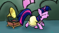 Size: 2000x1125 | Tagged: safe, artist:sandyfortune, twilight sparkle, pony, unicorn, g4, sweet and elite, clothes, dancing, do the sparkle, dress, eyes closed, female, mare, record player, scene interpretation, solo