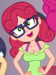 Size: 374x496 | Tagged: safe, edit, edited screencap, editor:mlp-gft, screencap, alizarin bubblegum, coinky-dink world, eqg summertime shorts, equestria girls, g4, background human, big breasts, breast edit, breasts, busty alizarin bubblegum, cleavage, cropped, female, glasses, looking at you, sexy, smiling