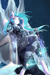 Size: 2000x3000 | Tagged: dead source, safe, artist:huckser, princess celestia, alicorn, anthro, unguligrade anthro, g4, armor, breasts, crossed legs, female, frostmourne, glowing eyes, high res, lich king, mare, sitting, solo, sword, throne, warcraft, weapon
