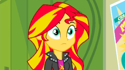Size: 656x368 | Tagged: safe, screencap, sunset shimmer, human, equestria girls, g4, my little pony equestria girls: rainbow rocks, animated, blinking, clothes, confused, eyebrows, female, frown, gif, jacket, leather, leather jacket, shirt, solo