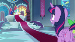Size: 2000x1124 | Tagged: safe, screencap, princess celestia, princess luna, spike, twilight sparkle, alicorn, pony, g4, the beginning of the end, butt, canterlot castle, canterlot throne room, carpet, ethereal mane, female, mare, nervous, plot, royal sisters, stained glass, throne, throne room, twilight sparkle (alicorn)