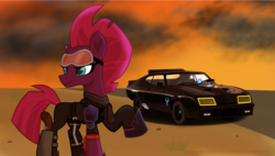 Size: 4588x2597 | Tagged: safe, alternate version, artist:ejlightning007arts, tempest shadow, pony, g4, badass, car, crossover, female, ford falcon, goggles, gun, holster, interceptor, mad max, solo, textless, wallpaper, wasteland, weapon