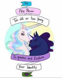 Size: 480x600 | Tagged: artist needed, safe, princess celestia, princess luna, alicorn, pony, g4, bust, discussion in the comments, ethereal mane, facebook, female, hoers, mare, motto, pride, purple & black anarchists, starry mane