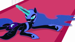 Size: 1280x720 | Tagged: safe, edit, editor:moonatik, screencap, nightmare moon, alicorn, pony, a royal problem, g4, armor, draw me like one of your french girls, evil smile, female, grin, lying down, mare, smiling, solo, wings