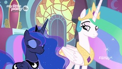 Size: 1920x1080 | Tagged: safe, screencap, princess celestia, princess luna, alicorn, pony, g4, the beginning of the end, duo, ethereal mane, eyes closed, female, mare, royal sisters, sisters, starry mane