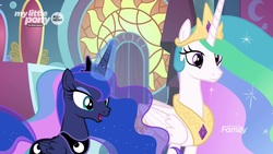 Size: 1920x1080 | Tagged: safe, screencap, princess celestia, princess luna, alicorn, pony, g4, the beginning of the end, duo, ethereal mane, female, magic, mare, royal sisters, sisters, smiling, starry mane