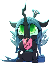 Size: 550x704 | Tagged: safe, artist:loneless-art, queen chrysalis, changeling, changeling queen, g4, chibi, colored pupils, cute, cutealis, female, forked tongue, heart, long tongue, sitting, smiling, solo, tongue out