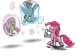 Size: 1920x1358 | Tagged: safe, artist:lizardwithhat, fluttershy, pinkie pie, rainbow dash, earth pony, pegasus, pony, g4, angry, blowing bubbles, in bubble, shocked expression, simple background, soap bubble, struggling, trapped, trio