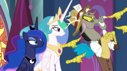 Size: 2000x1124 | Tagged: safe, screencap, discord, princess celestia, princess luna, alicorn, draconequus, pony, g4, the beginning of the end, clasped hands, clothes, cute, discute, disembodied hand, ethereal mane, eyelashes, female, floating limbs, grin, hand, hat, male, mare, pointing at self, press hat, reporter, royal sisters, sisters, smiling, starry mane, suit, trio