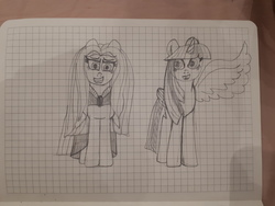 Size: 4608x3456 | Tagged: safe, artist:php185, twilight sparkle, oc, oc:sparkle light, alicorn, pony, g4, duo, graph paper, nervous, pencil drawing, traditional art, twilight sparkle (alicorn)