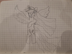 Size: 4608x3456 | Tagged: safe, twilight sparkle, alicorn, pony, g4, female, graph paper, grayscale, lined paper, monochrome, photo, solo, traditional art, twilight sparkle (alicorn), wings