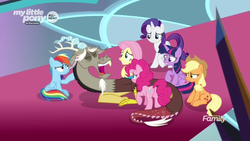 Size: 1366x768 | Tagged: safe, screencap, applejack, discord, fluttershy, pinkie pie, rainbow dash, rarity, twilight sparkle, alicorn, pony, g4, the beginning of the end, carpet, crystal, gasping, lying down, mane six, sad, throne room, twilight sparkle (alicorn), worried