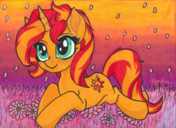 Size: 3504x2552 | Tagged: safe, sunset shimmer, pony, unicorn, g4, commission, commission info, female, flower, high res, solo, traditional art