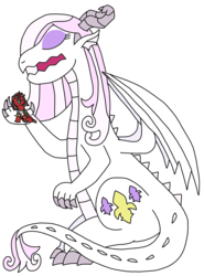 Size: 1515x2048 | Tagged: safe, artist:supahdonarudo, fleur-de-lis, oc, oc:ironyoshi, dragon, pony, g4, dragoness, dragonified, female, fleur-dragon-lis, holding a pony, simple background, species swap, transparent background
