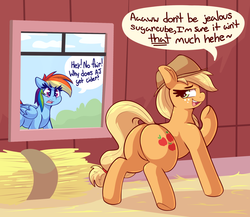 Size: 2081x1806 | Tagged: safe, artist:graphenescloset, applejack, rainbow dash, pony, series:appleslosh drive, g4, applebutt, barn, butt, hay, incentive drive, plot, this will end in weight gain, weight gain sequence