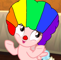 Size: 642x632 | Tagged: safe, cozy glow, pegasus, pony, g4, the beginning of the end, afro, clown, clown nose, clowny glow, honk honk, honkler, meme, red nose, shrug