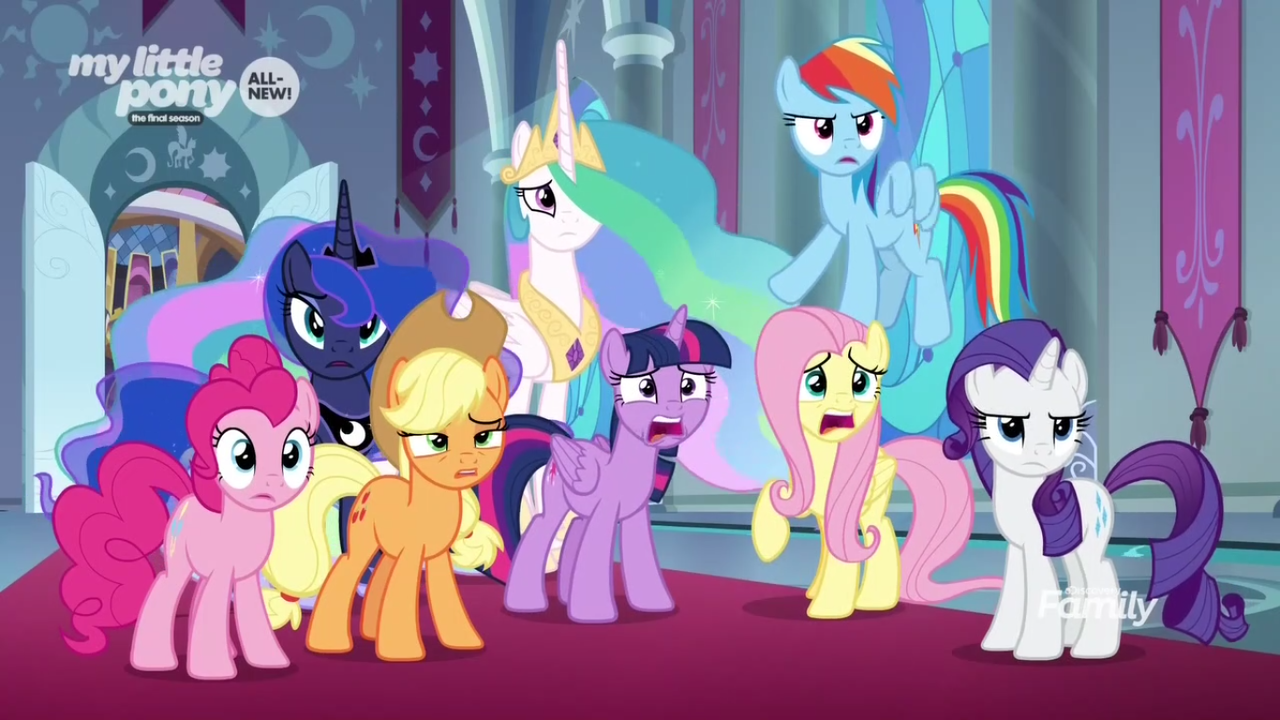 2006802 - alicorn, angry, applejack, carpet, confused, disbelief,  fluttershy, mane six, pinkie pie, pony, princess celestia, princess luna,  rainbow dash, rarity, safe, screencap, shocked, spoiler:s09e02, surprised,  the beginning of the end, throne
