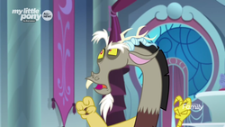Size: 1366x768 | Tagged: safe, screencap, discord, g4, the beginning of the end, air quotes, canterlot castle, discovery family logo, faic, male, solo, throne room